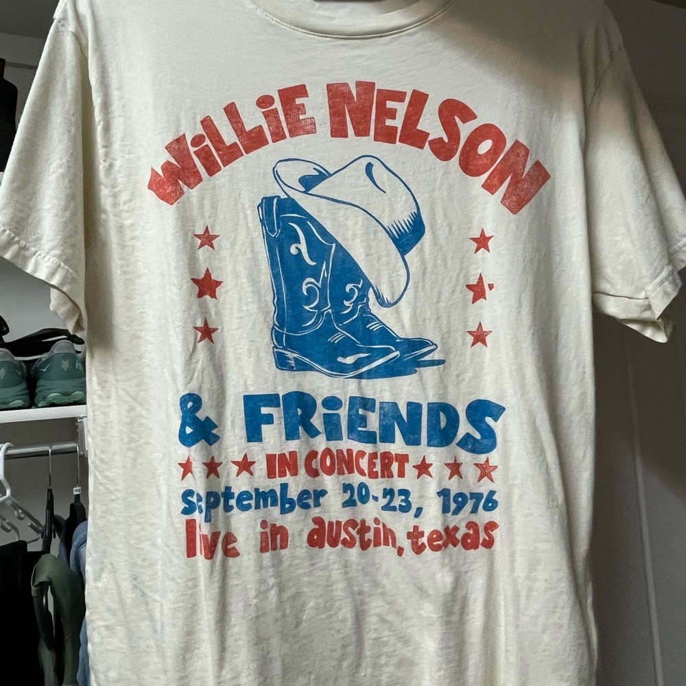 Anthropologie Willie Nelson Cream Graphic Tee with Red and Blue Print